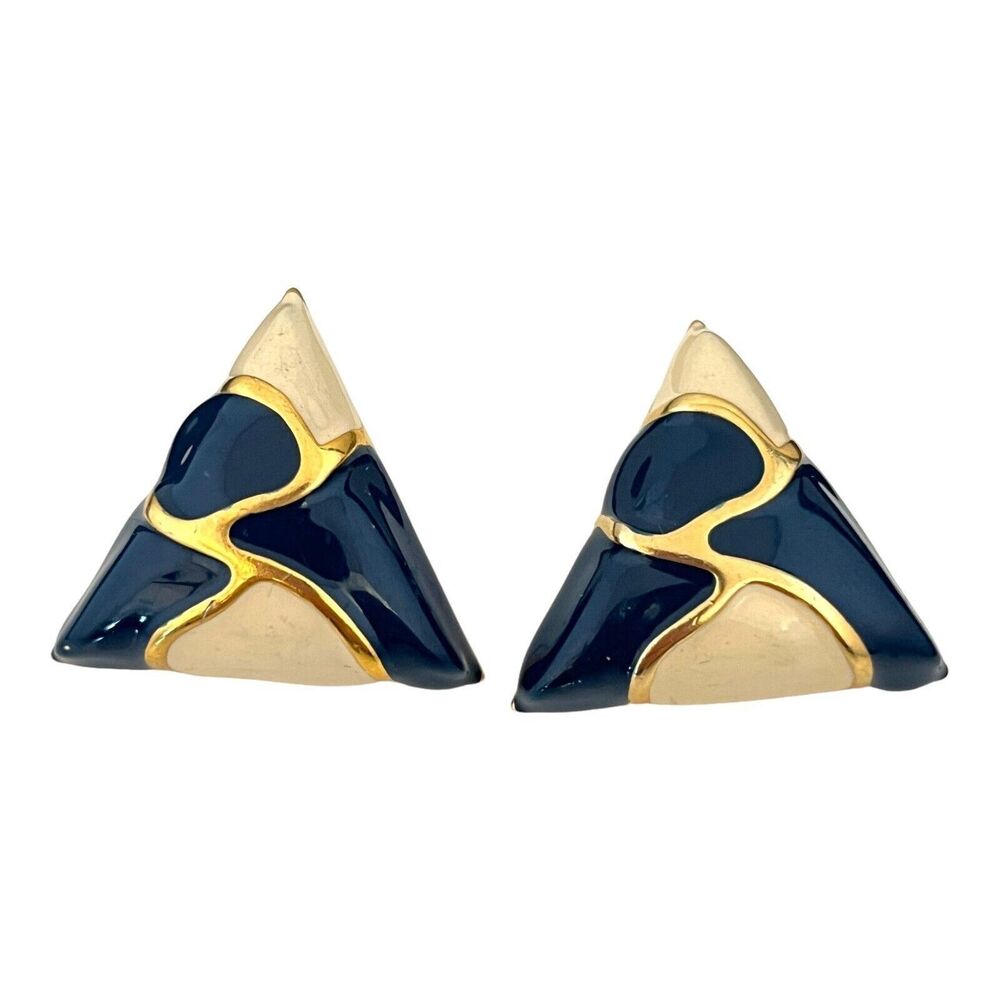 Vintage 1980s Gold Tone Earrings Cream and Navy Enamel Abstract Pierced - 13O